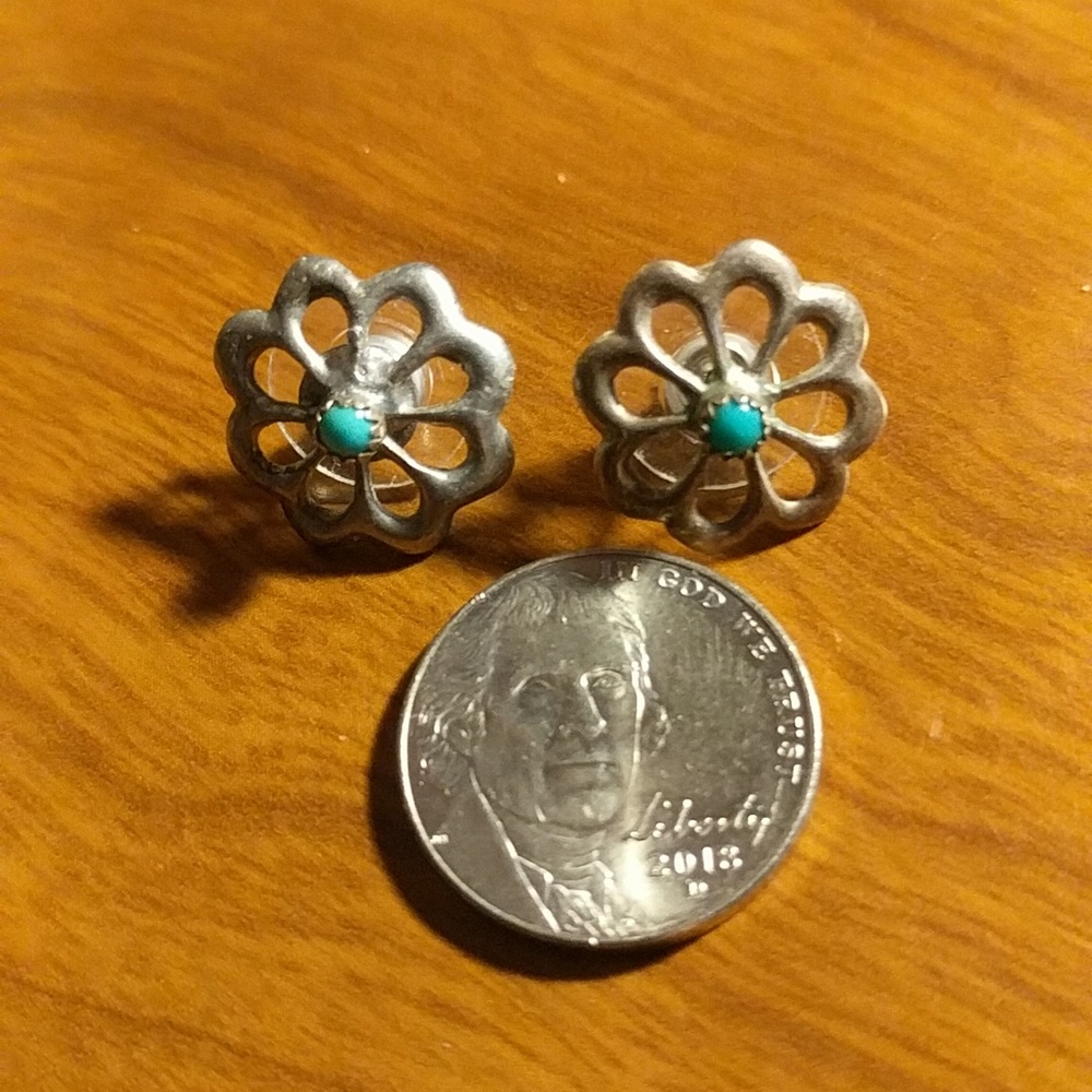 SS Native American Turquoise Sand Cast Earrings - Picture 2 of 3